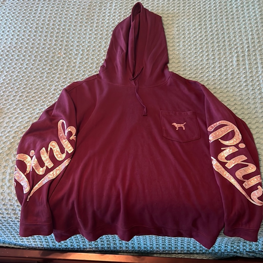 PINK Victoria Secret L sequins PINK on sleeves and back, good condition